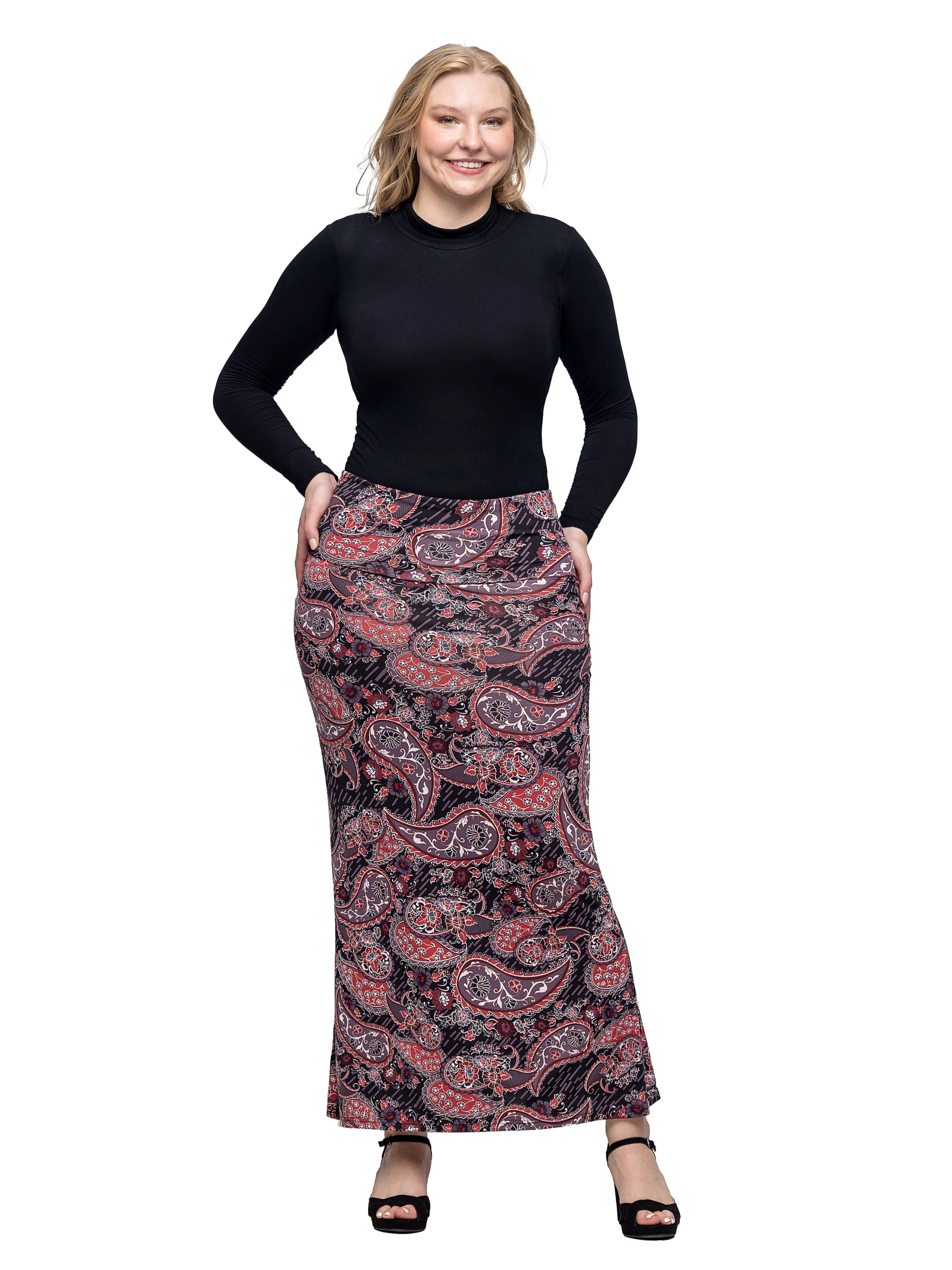 Paisley Print Fold Over Waist Maxi Skirt