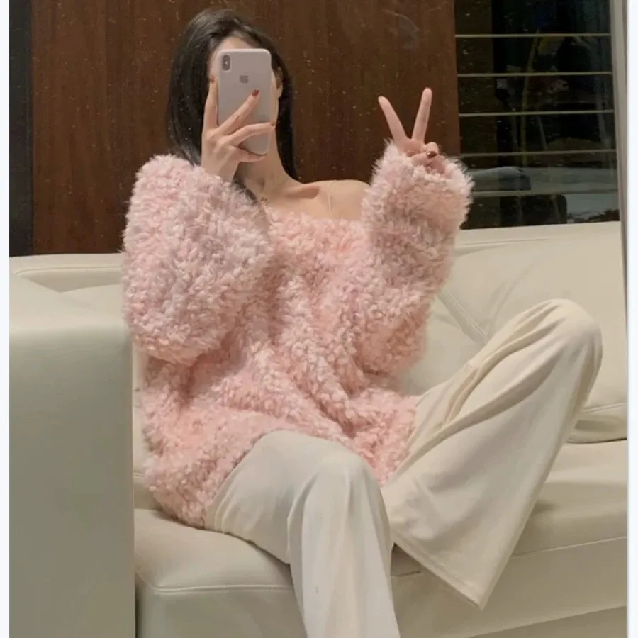 Pink Off-the-Shoulder Loose Knit Sweater - Long Sleeve, Spring and Autumn Style