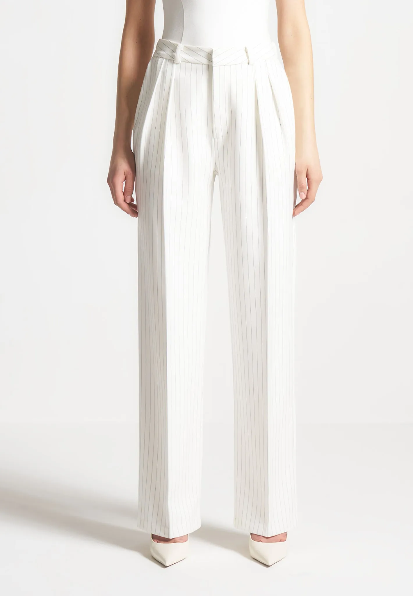 Pinstripe Twin Pleat Tailored Trousers - White