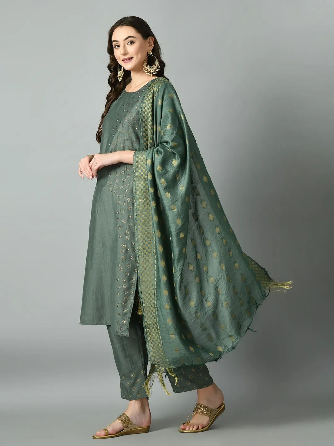 Plus Size Light Green Beads & Stones Kurta Set with Dupatta