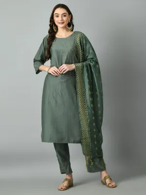 Plus Size Light Green Beads & Stones Kurta Set with Dupatta