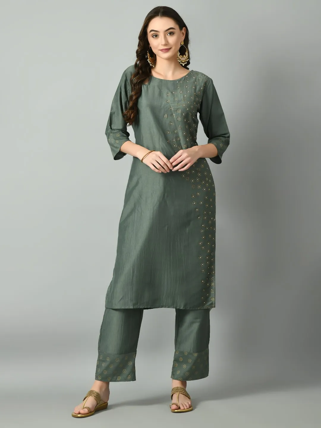 Plus Size Light Green Beads & Stones Kurta Set with Dupatta