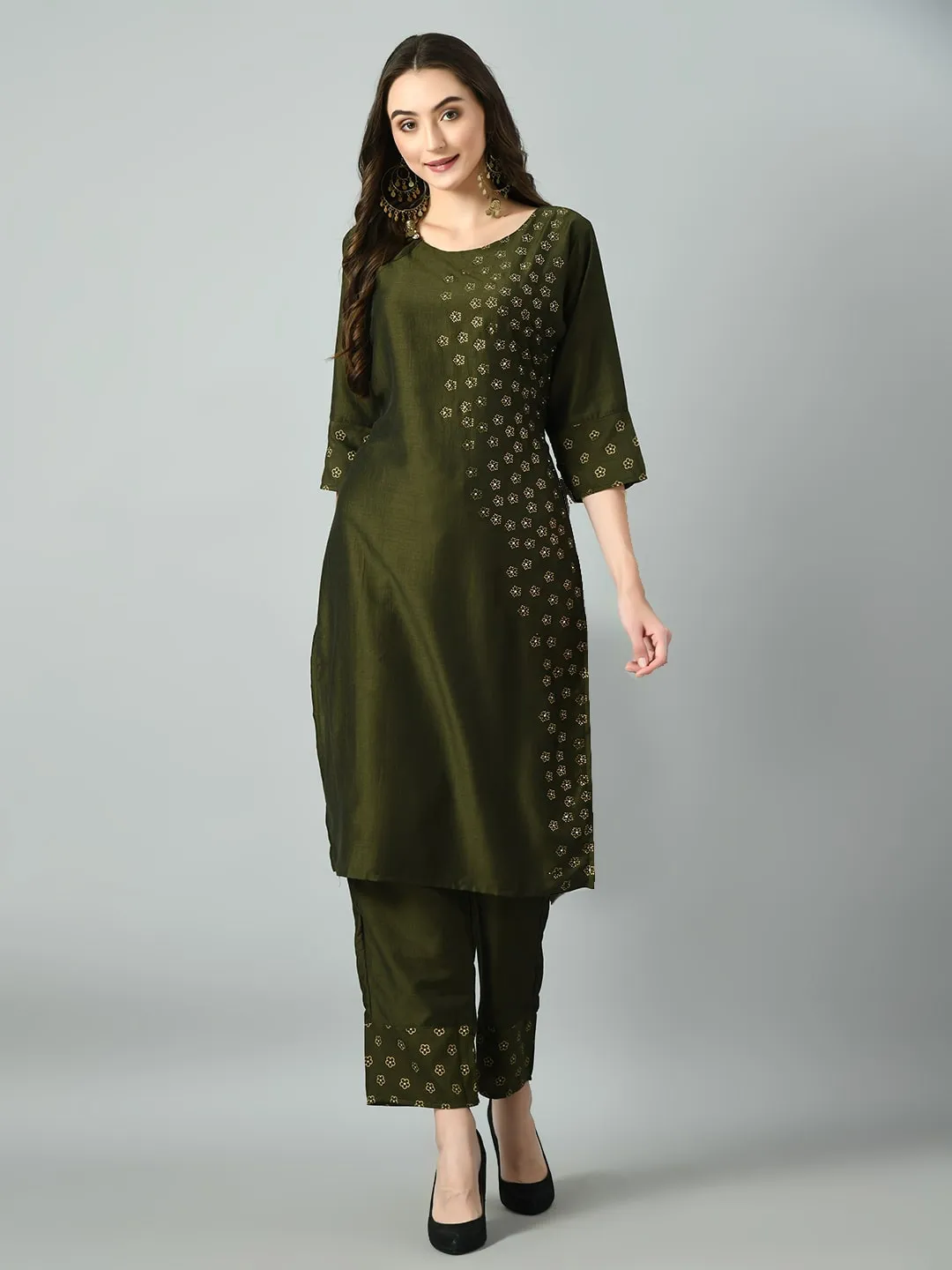 Plus Size Mehendi Green Beads & Stones Kurta Set with Dupatta