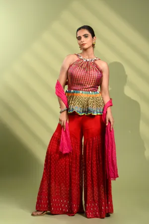 Rani Pink Sharara Set with Peplum Top in Silk