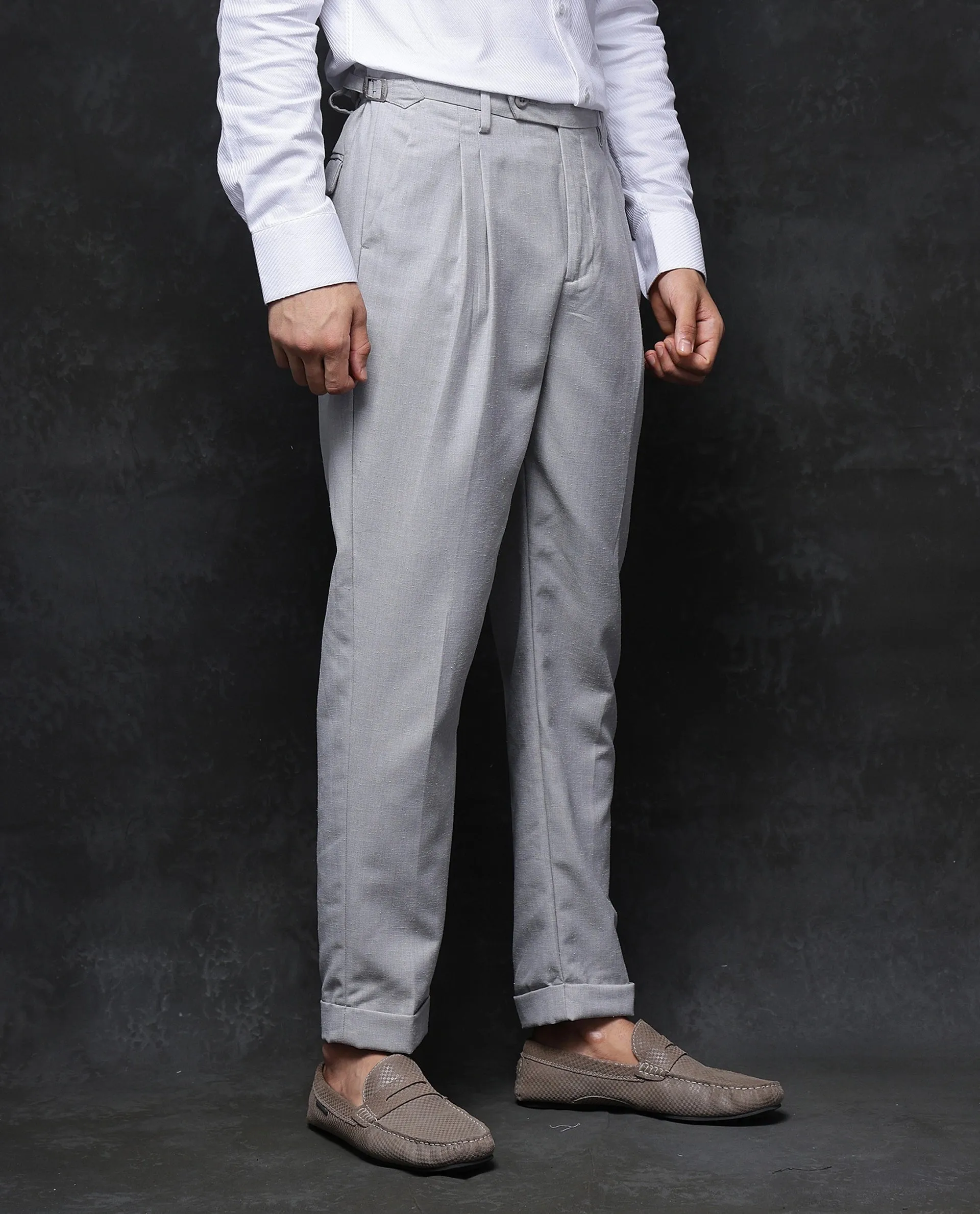 Rare Rabbit Men Rhesa Grey Linen Blend Pleated Button Closure Relaxed Fit Plain Trouser