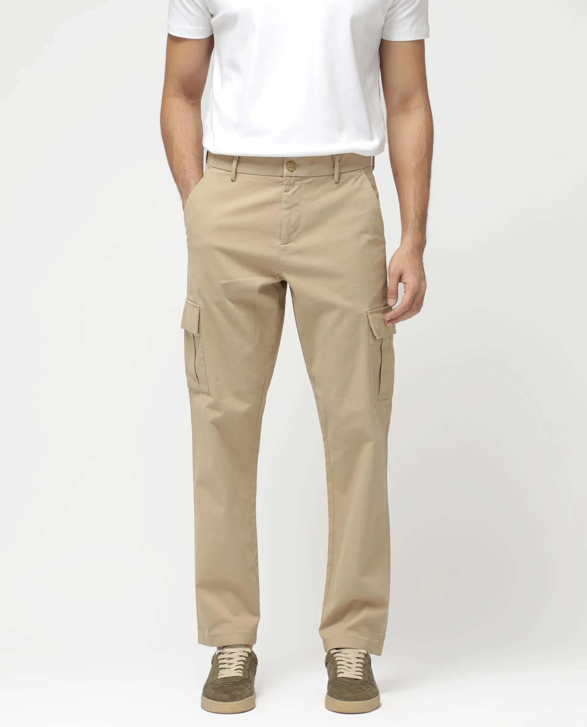 Rare Rabbit Mens Apex Beige Cotton Linen Solid Cargo Style Regular Fit Trouser