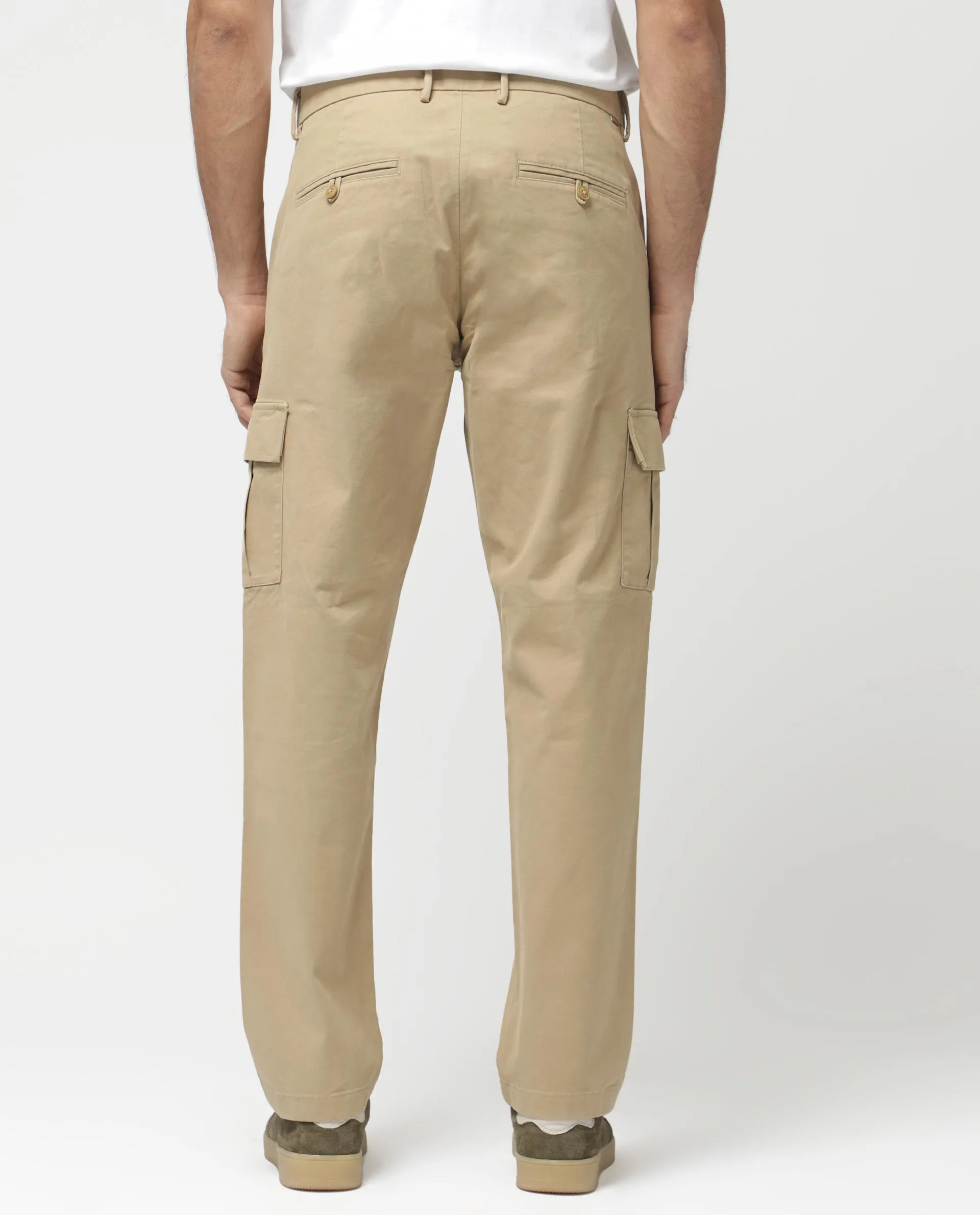 Rare Rabbit Mens Apex Beige Cotton Linen Solid Cargo Style Regular Fit Trouser