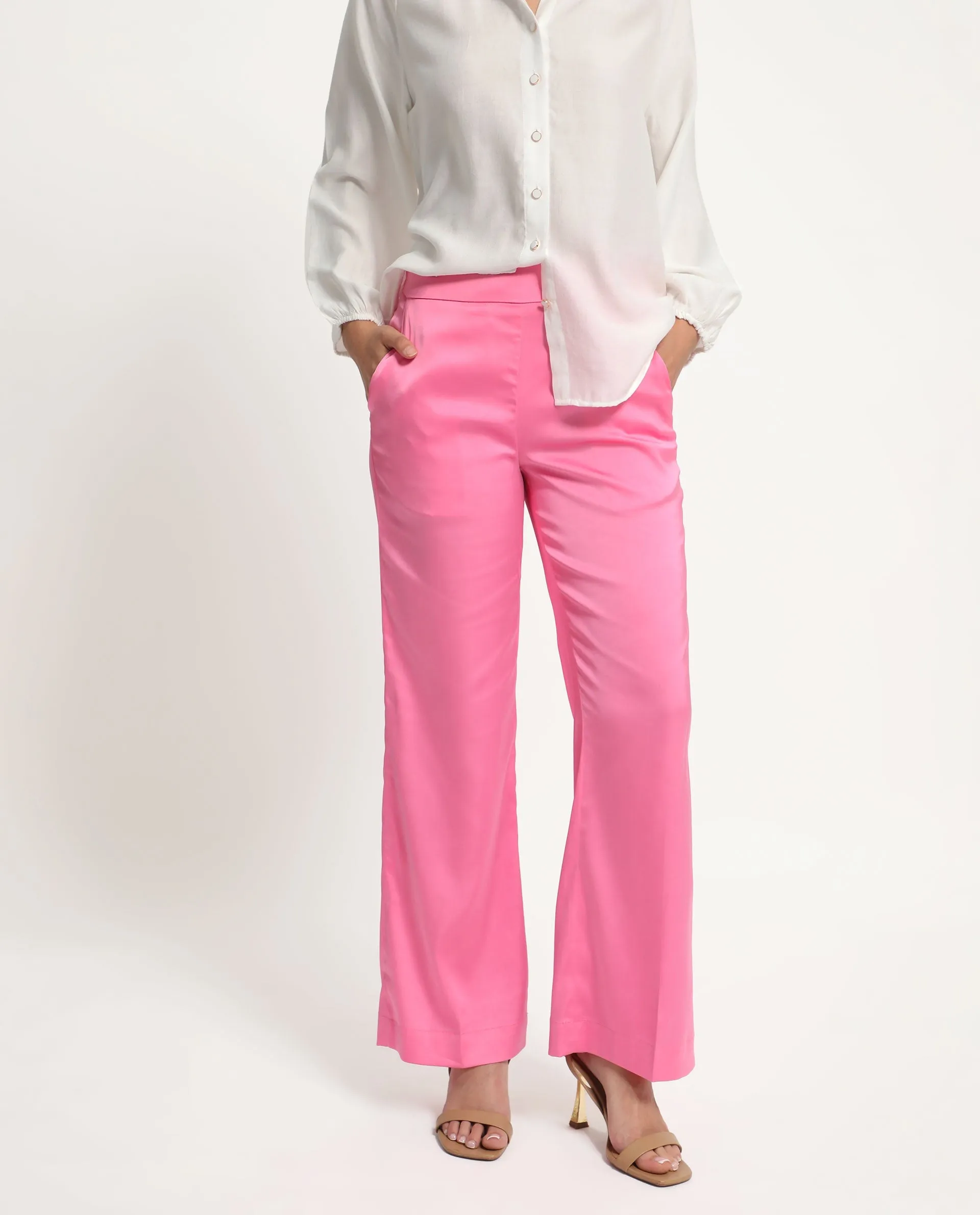 Rareism Women Ucher Pink Polyester Fabric Zip Closure Relaxed Fit Plain Ankle Length Trousers