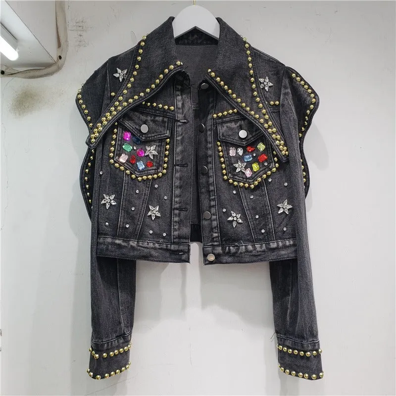 Spring Women Rivet Beaded Diamonds Slim Short Jeans Jacket Lapel Long Sleeve Single-breasted Blue Black Denim Jackets Streetwear