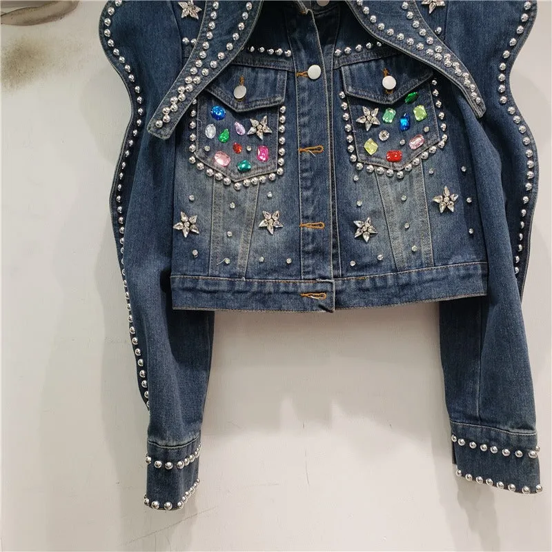 Spring Women Rivet Beaded Diamonds Slim Short Jeans Jacket Lapel Long Sleeve Single-breasted Blue Black Denim Jackets Streetwear