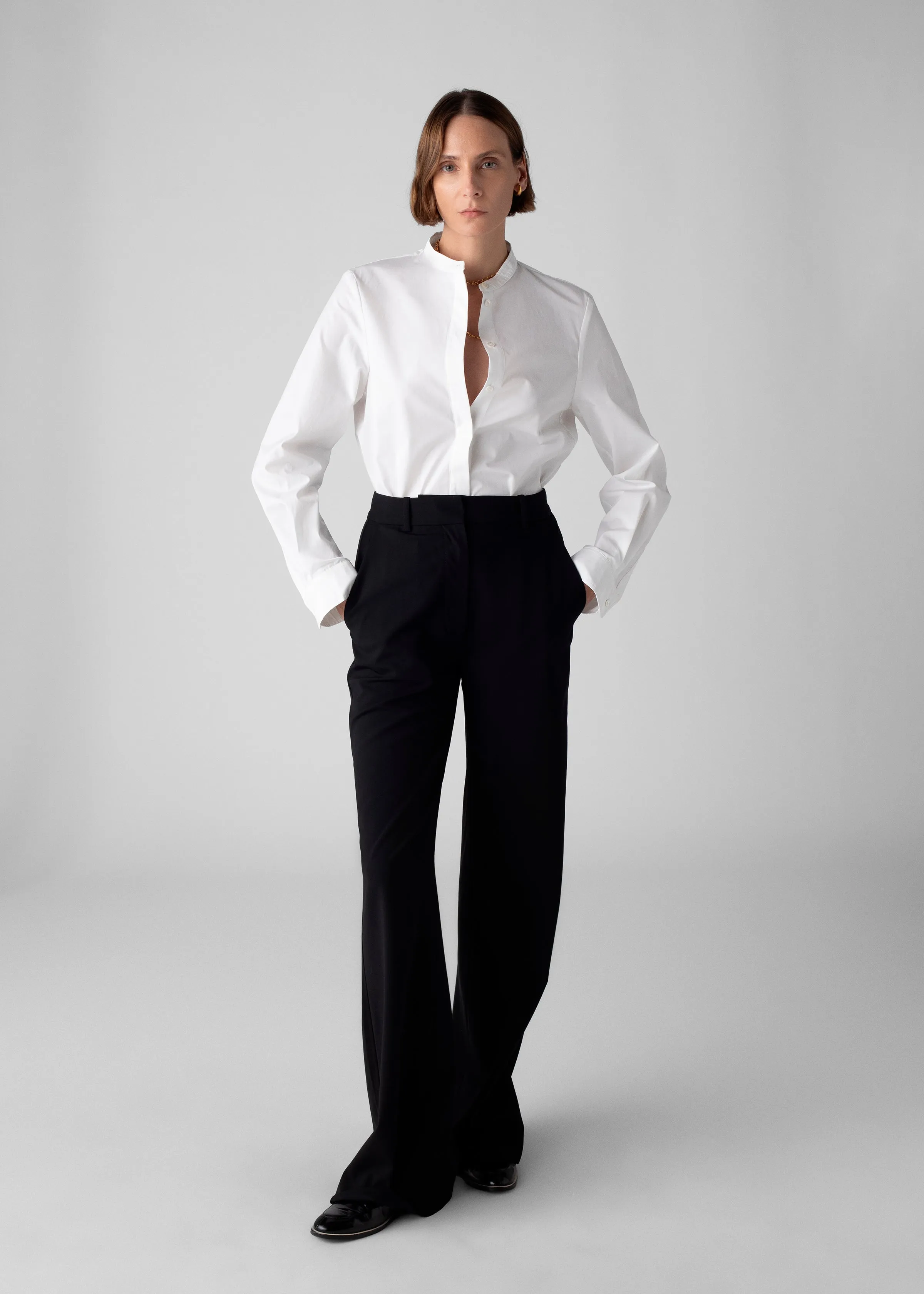 Stand Collar Tuxedo Shirt in Cotton - White