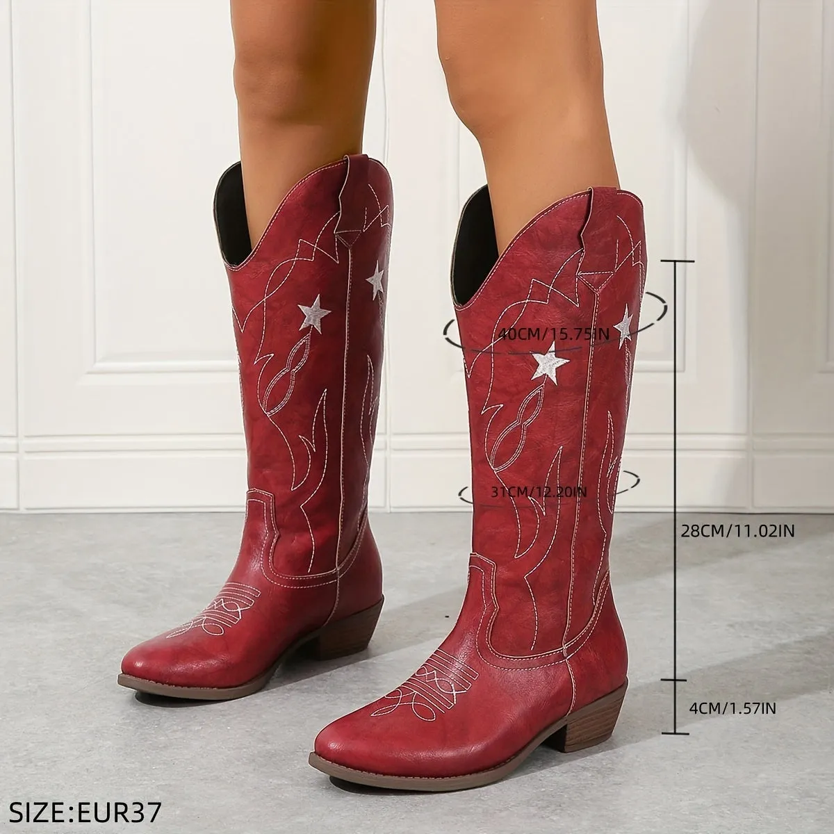 Star-Embellished Women's Western Knee High Boots - V-Cut, Low Chunky Heel, Retro Riding Style for Casual & Country Outfits