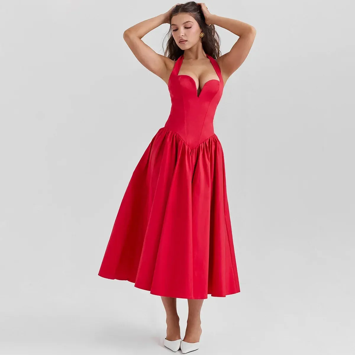 Summer Fit and Flare Halter Dress, Red Elegant Party Dresses, Sexy Long Casual Dress Women's Clothing