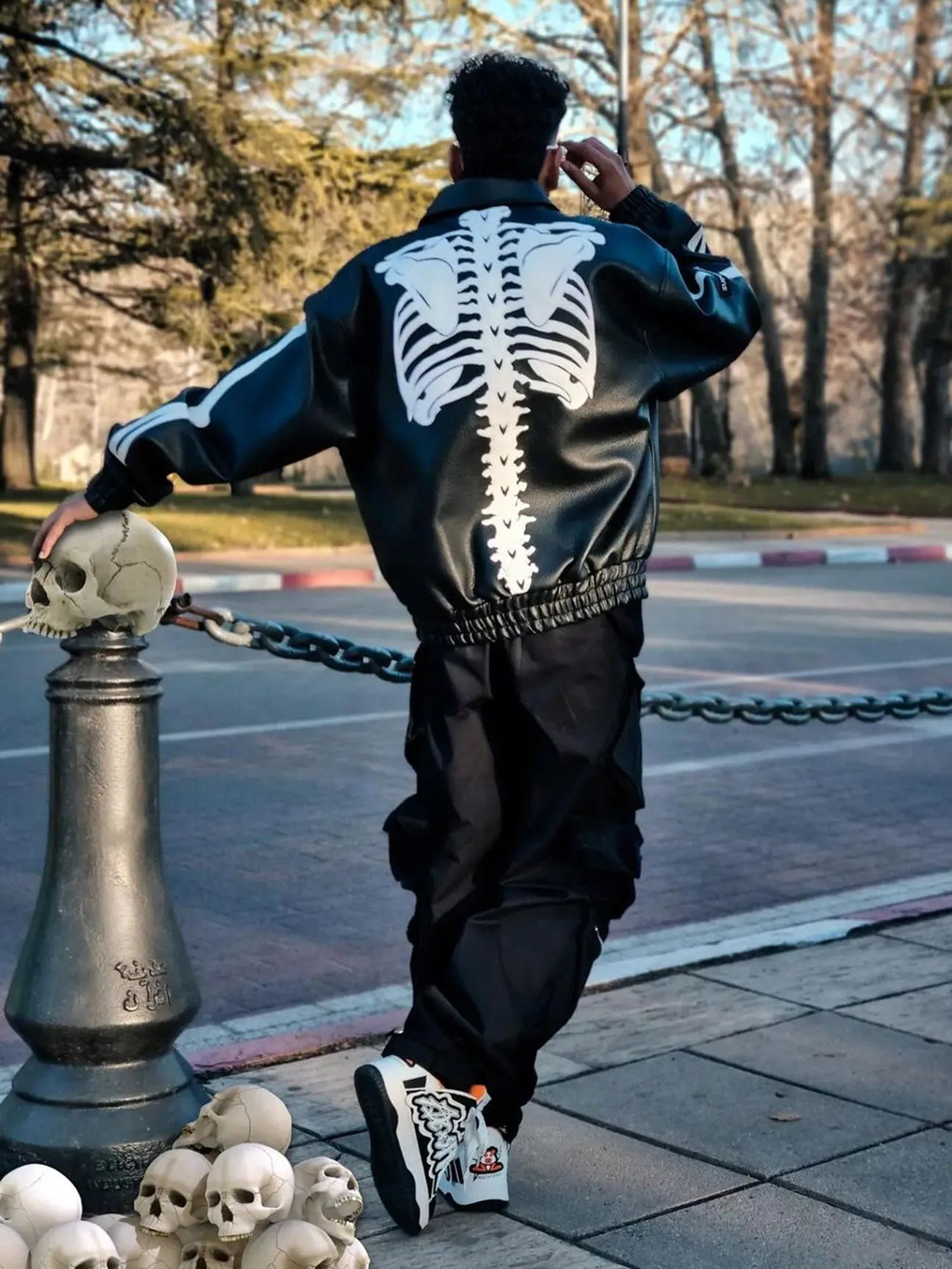 Thesupermade Hip Hop Bones Embroidered Leather Jacket - 1833