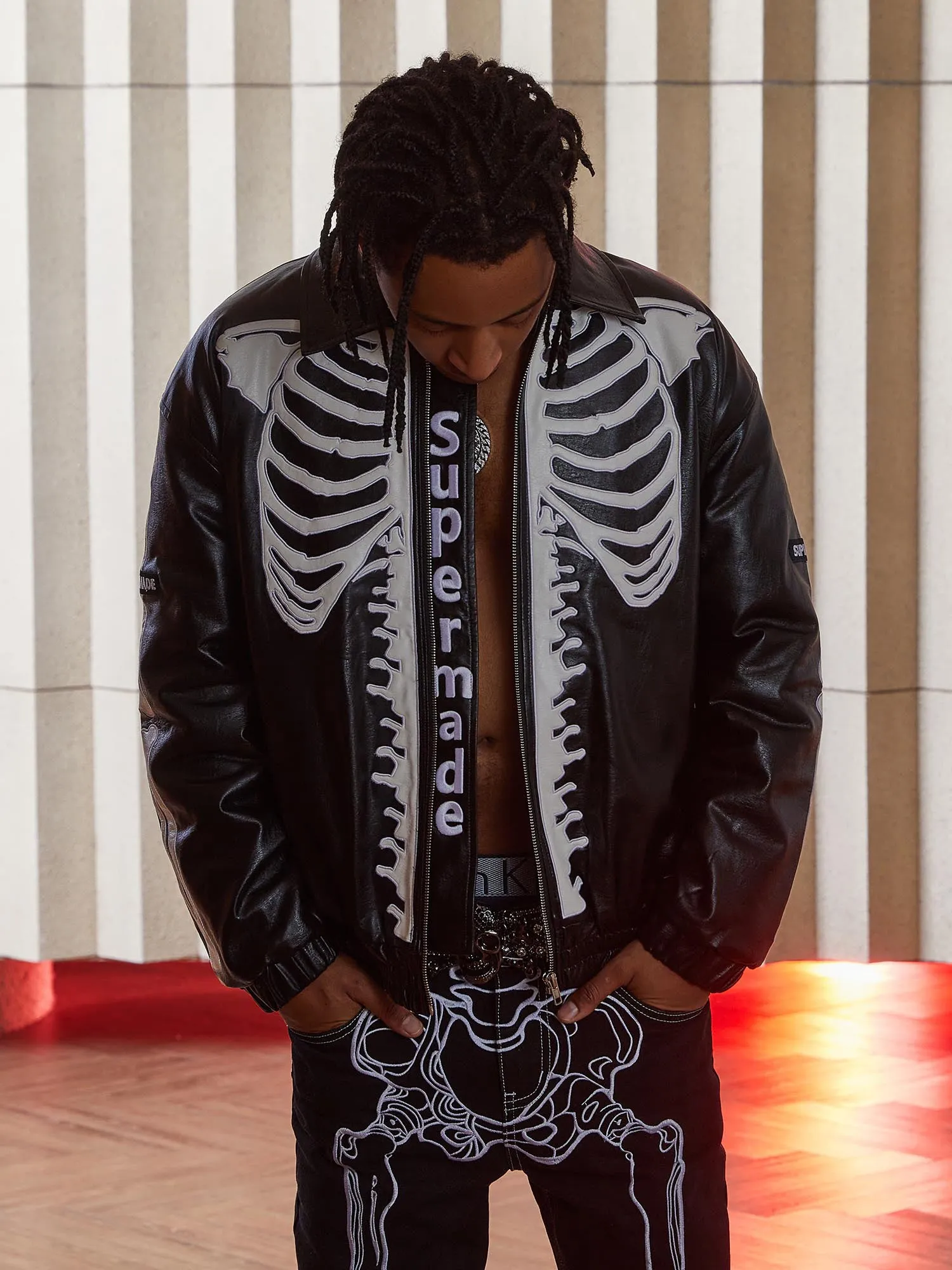 Thesupermade Hip Hop Bones Embroidered Leather Jacket - 1833