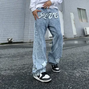 Trendy retro embroidered denim street straight hip-hop trousers