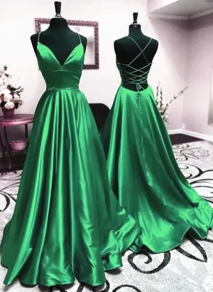 V Neck Green Prom Dress Backless A-line Satin Long Prom Dresses