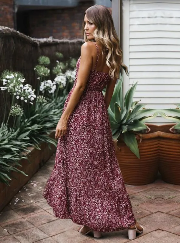 V-NECK SPLIT WOMEN FLORAL DRESS ELEGANT BOHEMIAN