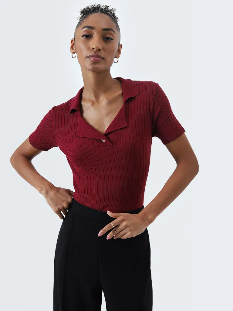 Wardrobe Maroon Ribbed Textured Top