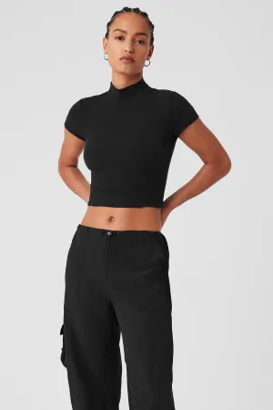 Wellness Rib Mock Neck Polished Short Sleeve - Black