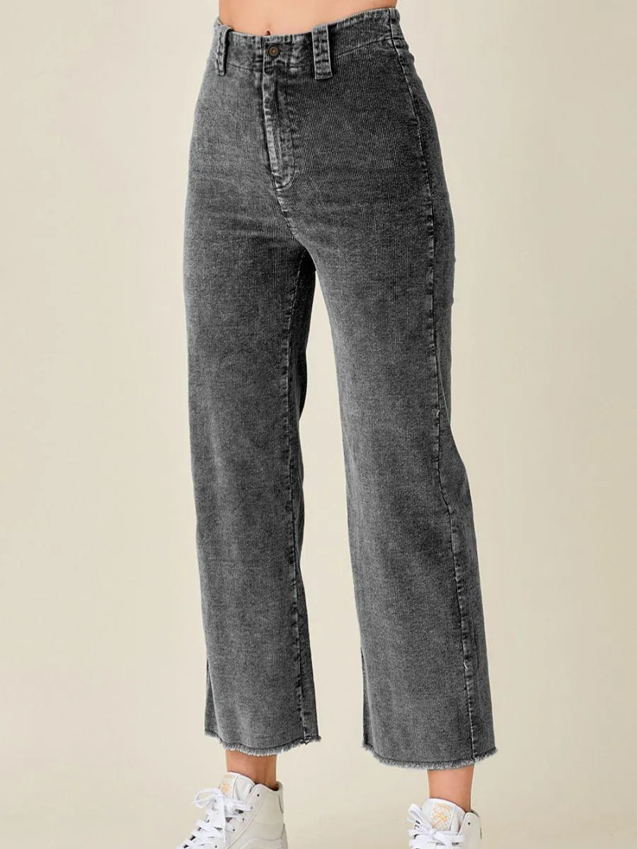 Wide Leg Washed Denim Look High Rise Corduroy Pants