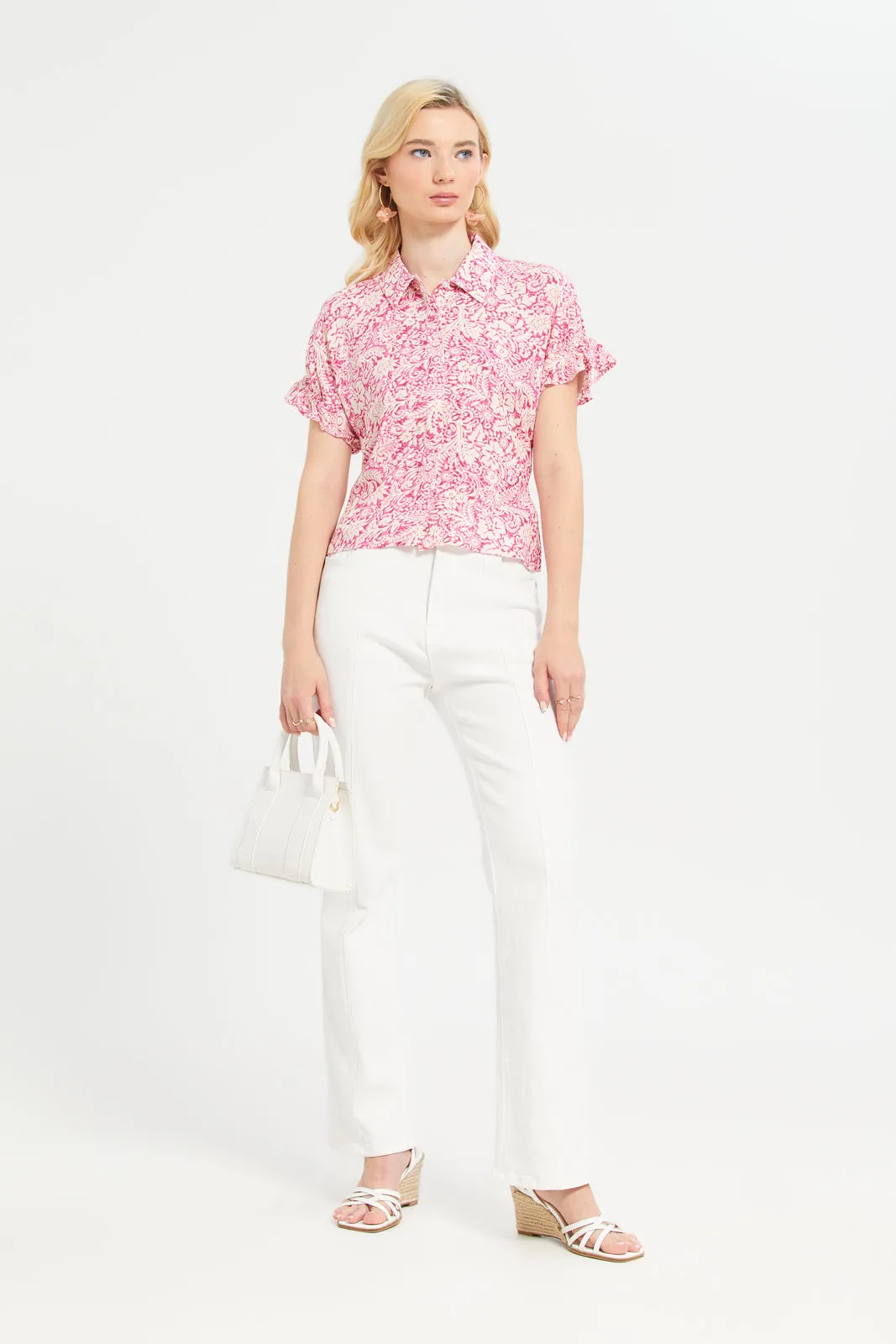 Women Pink Printed Rayon Shirt With Elasticated Sleeve Details