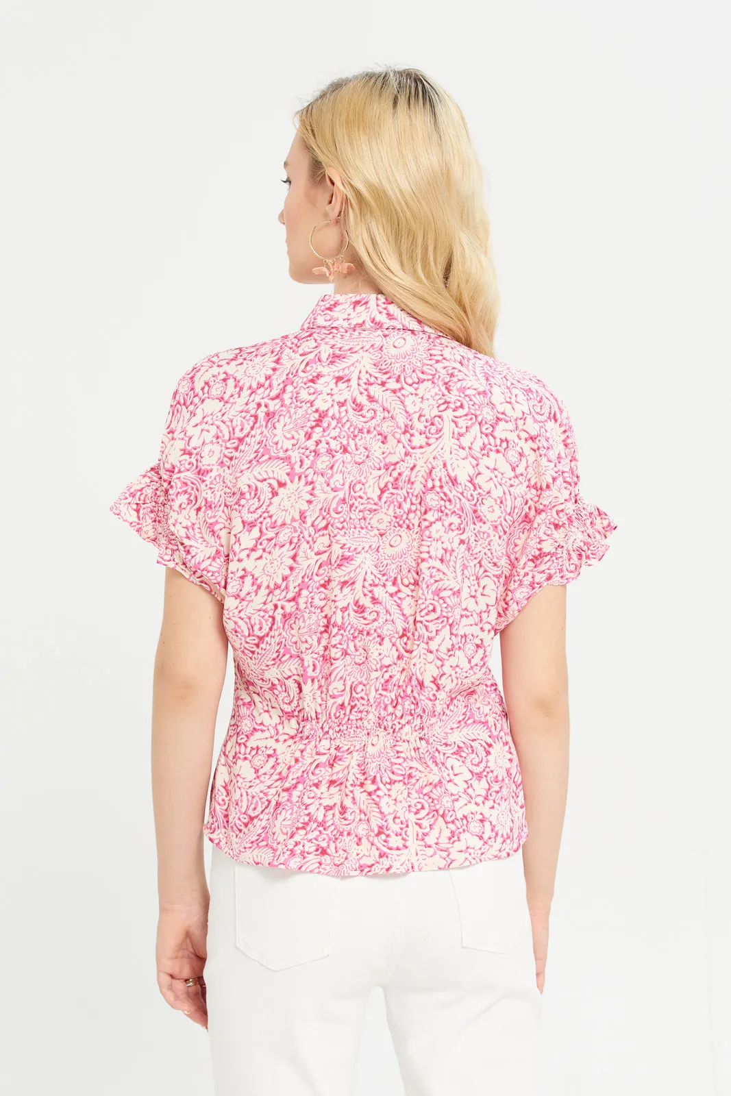 Women Pink Printed Rayon Shirt With Elasticated Sleeve Details