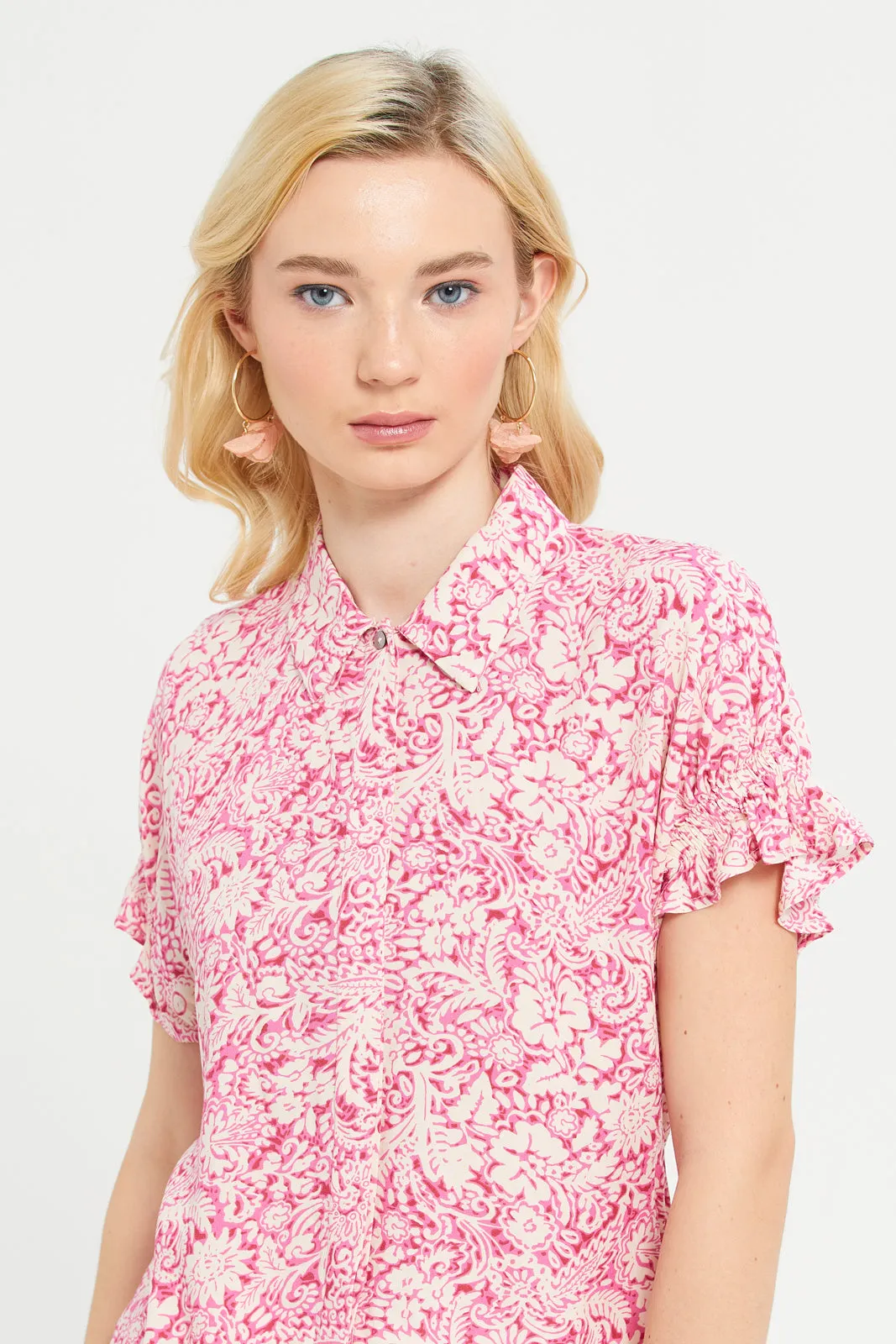 Women Pink Printed Rayon Shirt With Elasticated Sleeve Details