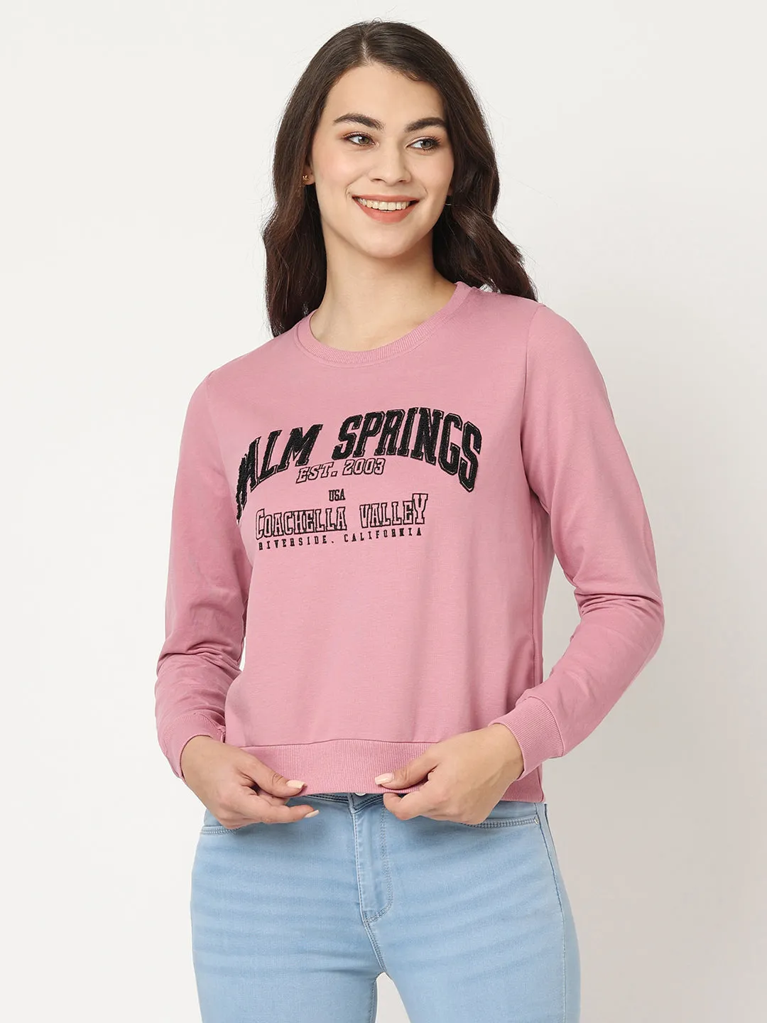 Women Slim Fit Dusty Pink Printed Sweatshirt