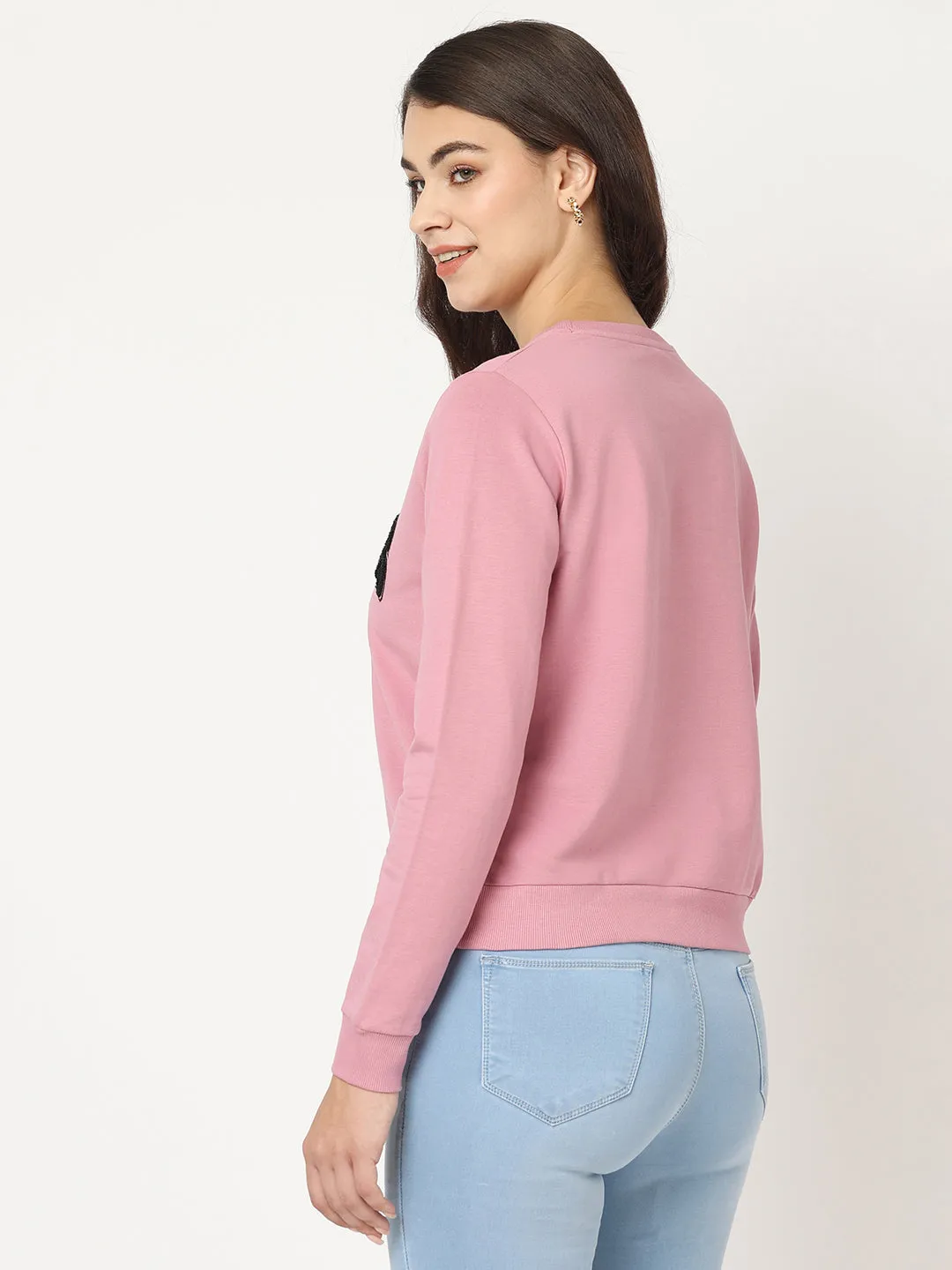 Women Slim Fit Dusty Pink Printed Sweatshirt