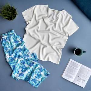 Women summer pajama set Off-white top   Tropical leaves Pants