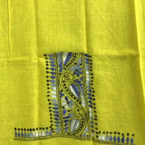 Yellow Kantha Blouse Fabric With White & Blue Motifs