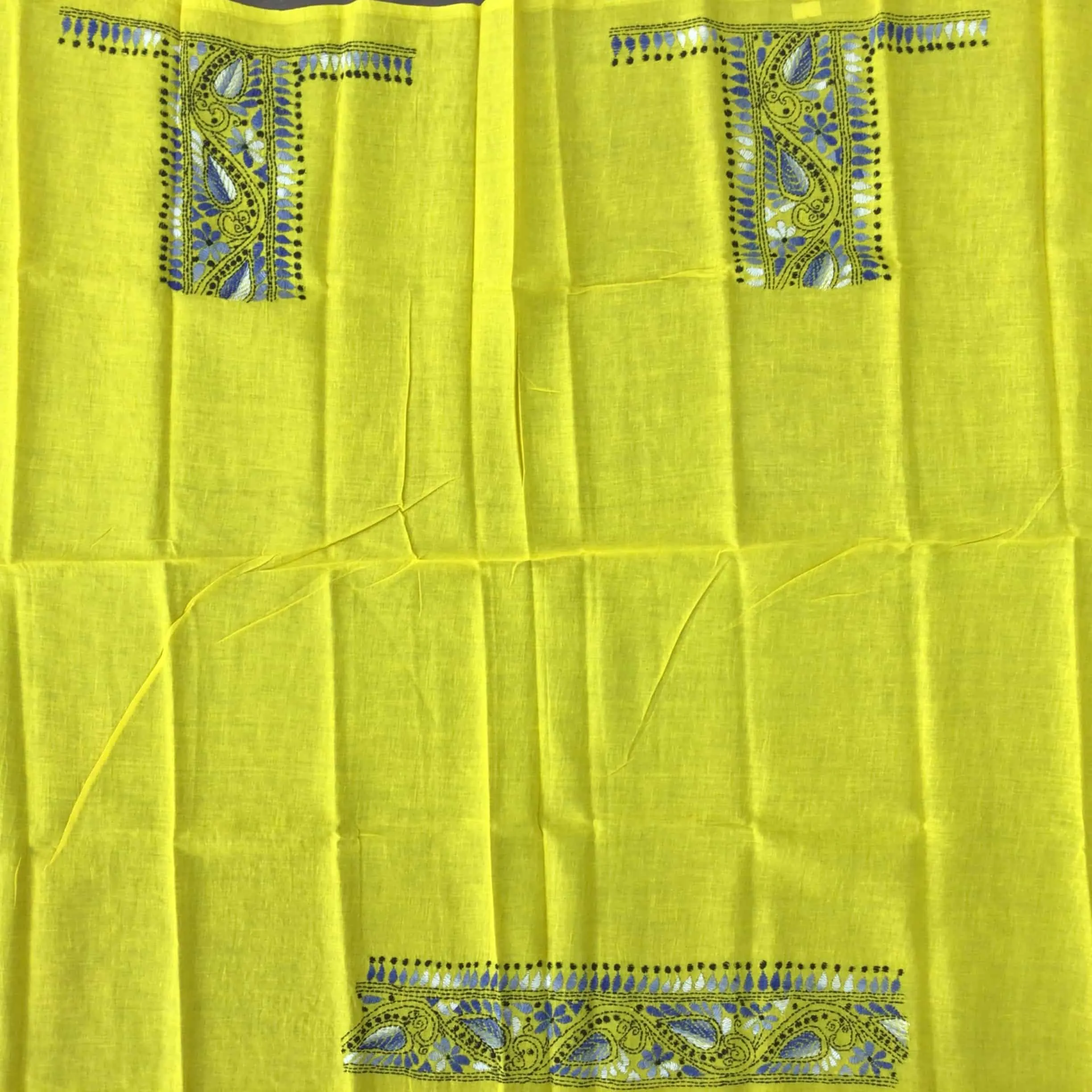 Yellow Kantha Blouse Fabric With White & Blue Motifs